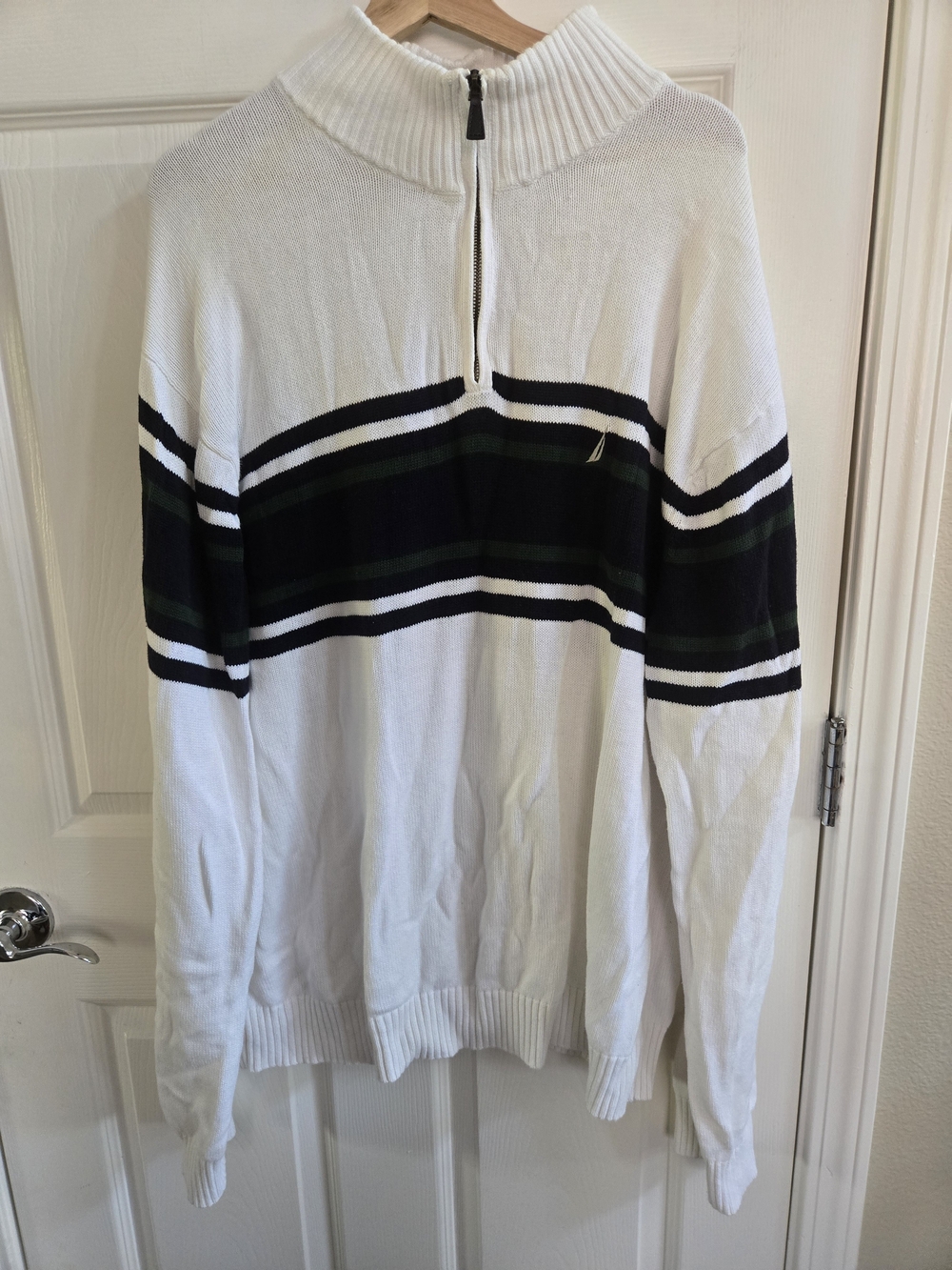 Nautica Men's White Oversized Quarter-Zip Sweater with Stripes